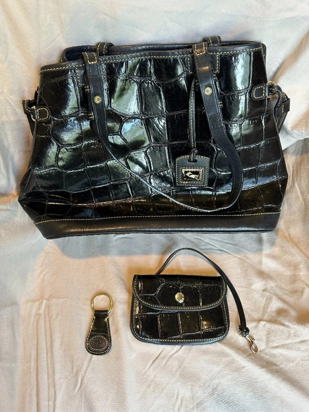 Dooney & Bourke Croco Black Leather Satchel with Coin Purse